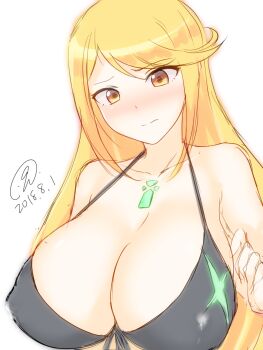 Rule 34 | 1girl, 9rimson, bikini, black bikini, blonde hair, blush, breasts, chest jewel, cleavage, closed mouth, commentary request, embarrassed, gem, green gem, highres, huge breasts, lactation, lactation through clothes, long hair, looking at breasts, looking down, mythra (xenoblade), simple background, sketch, solo, swept bangs, swimsuit, upper body, white background, xenoblade chronicles (series), xenoblade chronicles 2, yellow eyes
