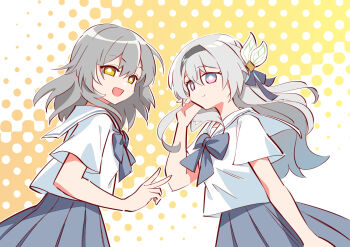2girls black_hairband blue_bow blue_bowtie blue_ribbon blue_skirt bow bowtie closed_mouth collared_shirt commentary english_commentary firefly_(honkai:_star_rail) grey_hair hair_between_eyes hair_intakes hair_ornament hair_ribbon hairband honkai:_star_rail honkai_(series) multiple_girls mzxiaxi open_mouth pleated_skirt ribbon sailor_collar shirt skirt smile stelle_(honkai:_star_rail) trailblazer_(honkai:_star_rail) v white_sailor_collar white_shirt