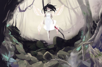 Rule 34 | 1girl, bad id, bad pixiv id, black hair, butterfly wings, creepy, fairy, fairy wings, female focus, horror (theme), insect wings, pixiv fantasia, pixiv fantasia 1, red eyes, solo, wings, zukki (suzukio)
