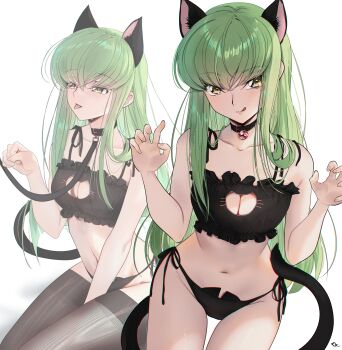 1girl absurdres animal_ears artist_name bare_shoulders black_thighhighs breasts budgiepon c.c. cat_ears choker cleavage cleavage_cutout clothing_cutout code_geass collar collarbone fake_animal_ears fake_tail green_hair highres leash light_blush long_hair simple_background small_breasts tail thighhighs thighs white_background yellow_eyes