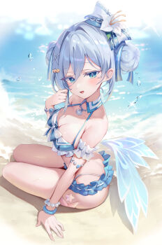 Rule 34 | 1girl, arm support, bare shoulders, beach, bead bracelet, beads, bikini, black survival, blue bikini, blue eyes, blue hair, blue wings, blush, bracelet, breasts, cano852, cleavage, collarbone, commentary, day, detached wings, double bun, english commentary, eternal return: black survival, flower, frilled bikini, frills, from side, hair between eyes, hair bun, hair flower, hair intakes, hair ornament, halterneck, highres, jewelry, long hair, long hair between eyes, looking at viewer, low wings, medium breasts, multi-strapped bikini bottom, official alternate costume, open mouth, outdoors, sitting, solo, star (symbol), sunlight, swimsuit, thighs, vanya (black survival), vanya (summer dream) (black survival), water drop, wings, x hair ornament
