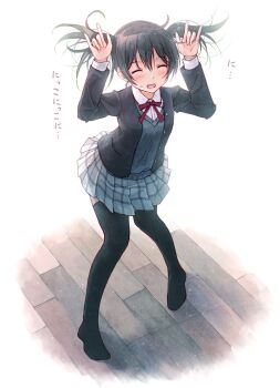 ... 1girl \m/ arms_up black_hair black_thighhighs blush closed_eyes commentary double_\m/ embarrassed floating_hair from_above gradient_hair hair_between_eyes love_live! love_live!_nijigasaki_high_school_idol_club multicolored_hair nico_nico_nii nijigasaki_school_uniform open_mouth school_uniform smile solo streaked_hair sweatdrop takasaki_yu thighhighs translated twintails wooden_floor yakka zettai_ryouiki