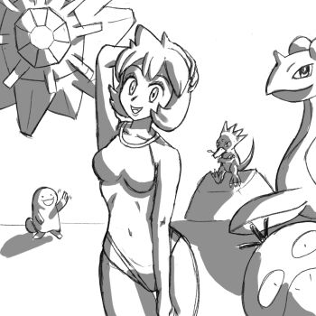 1girl :d arm_behind_head arm_up breasts collarbone competition_swimsuit covered_navel cowboy_shot flipped_hair gen_1_pokemon gen_2_pokemon golduck hand_on_own_thigh hand_up happy lapras legs_together looking_at_viewer medium_breasts misty_(pokemon) nintendo one-piece_swimsuit open_mouth pokemon pokemon_hgss psyduck quagsire rock shell short_hair simple_background sitting smile standing starmie swimsuit teeth thigh_gap waving white_background wide_hips