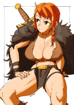 3amsoda alternate_color breasts capelet cleavage fur_capelet hand_on_own_hip highres invisible_chair jewelry large_breasts loincloth long_hair nami_(one_piece) navel necklace official_alternate_costume one_piece orange_eyes orange_hair sitting sword sword_on_back weapon weapon_on_back white_background