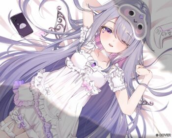 1girl :d absurdres bed_sheet castellayaki chemise controller detached_wings frills game_controller gem gradient_hair grey_hair hair_over_one_eye highres hololive hololive_english jewel_under_eye koseki_bijou koseki_bijou_(pebble_pajamas) long_hair looking_at_viewer lying mask mask_on_head multicolored_hair official_alternate_costume official_alternate_hairstyle official_art on_back open_mouth pink_hair purple_eyes purple_gem purple_hair short_shorts short_sleeves shorts sleep_mask smile solo very_long_hair virtual_youtuber white_chemise white_shorts wings