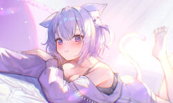 Rule 34 | 1girl, animal ear fluff, animal ears, barefoot, black camisole, breasts, camisole, cat ears, cat girl, cat tail, cleavage, hololive, jacket, large breasts, looking at viewer, lying, medium hair, nail polish, nekomata okayu, nekomata okayu (membership), official alternate costume, on stomach, purple eyes, purple hair, purple jacket, purple nails, smile, solo, tail, two side up, virtual youtuber, xyunx