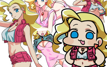 1girl :3 ass blonde_hair blue_eyes blush_stickers breasts butt_crack chibi chibi_inset cleavage commentary crop_top crop_top_overhang cropped_jacket dress earrings hands_on_own_hips jacket jazz_jack jewelry large_breasts long_hair looking_at_viewer lying midriff multiple_views navel necklace on_side open_clothes open_jacket open_mouth panties pink_dress pink_jacket pink_panties pink_shorts pink_tank_top pink_thighhighs shirt short_shorts shorts shrug_(clothing) simple_background sleeveless sleeveless_jacket smile swan_white tank_top thighhighs triangle_earrings underboob underwear very_long_hair white_background white_shirt yuusha_ou_gaogaigar yuusha_series