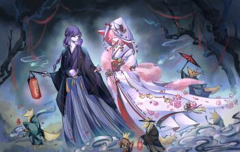 2girls absurdres animal animal_ears animal_hood bare_tree black_haori blue_background blunt_bangs braid cherry_blossoms chinese_commentary closed_eyes closed_mouth commentary_request couple fog from_side genshin_impact hair_between_eyes hair_over_shoulder hanging_lantern haori highres holding holding_hands holding_string hood japanese_clothes lantern lantern_festival light_smile looking_back low_twintails multiple_girls night oil-paper_umbrella outdoors paper_lantern pink_hair purple_eyes purple_hair raiden_shogun short_twintails single_braid sky_lantern smoke smoke_trail standing string string_of_fate tail tree twintails umbrella walking white_haori yae_miko yuri yuru4086