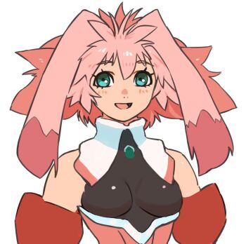 1girl :d animal_ears aqua_eyes bare_shoulders breasts floppy_ears gan2 hair_between_eyes highres medium_breasts open_mouth pink_hair rabbit_ears seraphita_(xenogears) short_hair simple_background smile solo upper_body white_background xenogears