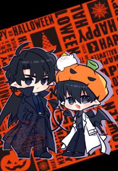 2boys :/ :d bat_wings biyoo_(omniscient_reader&#039;s_viewpoint) black_coat black_eyes black_hair black_shirt black_wings coat collared_shirt commentary demon_tail double-parted_bangs drop_shadow english_text fang full_body hair_between_eyes halloween happy_halloween highres kim_dokja kimidori_22 looking_at_viewer male_focus multiple_boys omniscient_reader&#039;s_viewpoint open_clothes open_coat open_mouth pointy_ears popped_collar pumpkin_hat shirt short_hair skin_fang smile standing symbol-only_commentary tail white_coat wings yoo_joonghyuk