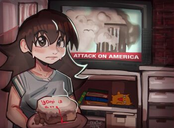 Rule 34 | 1girl, 9/11, artist name, azumanga daiou, blush, breasts, brown eyes, brown hair, cake, collarbone, commentary, english commentary, english text, food, frown, grey shirt, hair behind ear, highres, holding, holding plate, ideac, indoors, looking at viewer, medium hair, mihama chiyo's father, nervous sweating, plate, shirt, small breasts, solo, stuffed animal, stuffed cat, stuffed toy, sweat, takino tomo, television