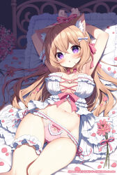 Rule 34 | 1girl, :o, animal ear fluff, animal ears, arms up, babydoll, bdsm, blush, bondage, bound, bound wrists, bow, breasts, cat ears, cat girl, choker, cleavage, double-parted bangs, flower, frilled babydoll, frilled panties, frilled pillow, frills, hair bow, large breasts, light brown hair, looking at viewer, mauve, navel, on bed, original, panties, petals, pillow, pink bow, pink choker, pink flower, pink panties, pink ribbon, purple eyes, ribbon, ribbon bondage, solo, underwear, white bow, wrist ribbon