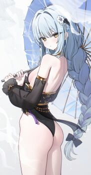 1girl absurdres artist_request ass back bare_shoulders biryu_soso black_leotard bow braid breasts closed_mouth commentary_request commission cowboy_shot detached_sleeves from_side gold_trim hair_bow hair_ornament highres holding holding_umbrella korean_commentary leotard long_hair long_sleeves looking_at_viewer looking_to_the_side median_furrow oil-paper_umbrella original pelvic_curtain second-party_source see-through_clothes see-through_sleeves sideboob single_braid small_breasts solo thighs umbrella very_long_hair water white_hair yellow_eyes