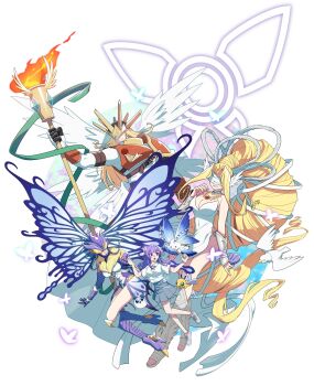 1girl 3girls angel_wings arkhaiangemon blonde_hair breasts bug butterfly butterfly_wings covered_eyes digimon digimon_(creature) digimon_story:_cyber_sleuth digimon_story:_cyber_sleuth_hacker's_memory digitalicluv eyewear_on_head helmet hudiemon insect insect_wings large_breasts morphomon multiple_girls pupumon puroromon purple_hair venusmon wings