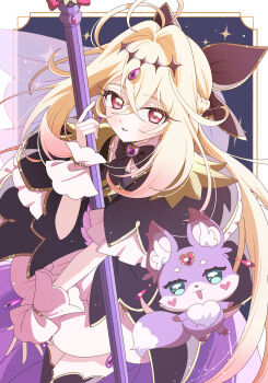 1girl ahoge animal_ears antenna_hair black_dress black_pantyhose black_ribbon blush capelet collar commentary_request cuffs cure_arcana_shadow dress earrings gem green_eyes hair_ornament hair_ribbon highres holding holding_wand jewelry light_particles long_hair magical_girl mashu-tan meitantei_precure! moria_luluka multicolored_hair neck_ribbon nichaku open_mouth pantyhose pet pink_hair precure purple_fur purple_veil red_eyes ribbon simple_background skirt sparkle tail two-tone_hair veil wand white_collar wrist_cuffs