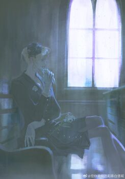 1girl absurdres bad_source bench black_flower blonde_hair blue_eyes char_aznable crossed_legs feet_out_of_frame flower from_side genderswap genderswap_(mtf) gloves gundam highres holding holding_flower indoors jacket jewelry long_sleeves necklace pulppunk001 rain rose short_hair sitting skirt solo watermark weibo_username weibo_watermark white_flower white_gloves white_rose window zeta_gundam