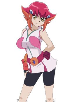 1girl arm_behind_head artist_request bike_shorts breasts fingerless_gloves gloves hand_on_lap hand_on_own_leg hand_on_own_thigh highres kouzuki_anna large_breasts looking_at_viewer multicolored_hair orange_hair pink_hair short_hair smile solo source_request two-tone_hair yellow_eyes yu-gi-oh!