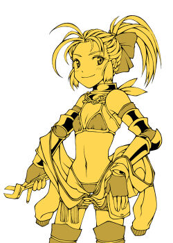 1girl bikini bikini_under_clothes bow chain chain_necklace closed_mouth cowboy_shot elbow_gloves fingerless_gloves flat_chest gloves hair_bow high_ponytail holding holding_wrench jewelry jumpsuit jumpsuit_around_waist looking_at_viewer mechanic_(ragnarok_online) monochrome navel necklace ponytail ragnarok_online saaki_(sa-ki) simple_background smile solo swimsuit vambraces white_background wrench yellow_theme