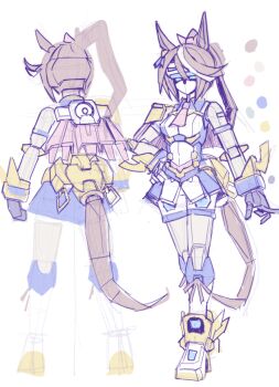 1girl animal_ears blue_eyes breasts brown_hair color_guide from_behind full_body grey_hair horse_ears horse_tail kin-san_(sasuraiga) mecha mechanization metal_hair multicolored_hair multiple_views necktie parody pink_necktie ponytail robot short_necktie sketch small_breasts streaked_hair style_parody tail tokai_teio_(peak_joy)_(umamusume) tokai_teio_(umamusume) umamusume virtual_on