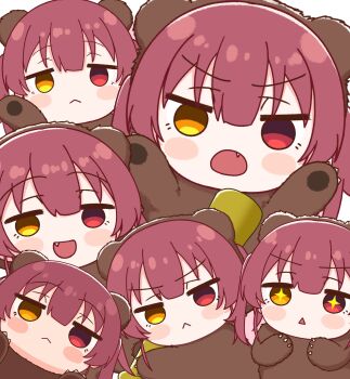 1girl :< :d :o absurdres animal_costume bear_costume blush_stickers claws closed_mouth commentary_request fang heterochromia highres hololive houshou_kumarine houshou_marine multiple_views open_mouth red_eyes red_hair short_twintails smile solo_focus sparkling_eyes triangle_mouth twintails v-shaped_eyebrows white_background yellow_eyes zakitaku8311