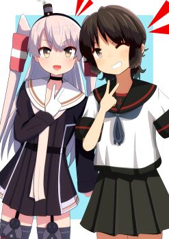 2girls absurdres amatsukaze_(kancolle) amatsukaze_kai_ni_(kancolle) black_dress black_hair black_sailor_collar black_skirt blue_neckerchief brown_eyes commentary_request cowboy_shot dress garter_straps gloves grey_hair grey_neckerchief grin hair_tubes hat highres kantai_collection long_hair long_sleeves looking_at_viewer mini_hat miyuki_(kancolle) miyuki_kai_ni_(kancolle) multiple_girls neckerchief one_eye_closed pleated_skirt rudder_footwear sailor_collar sailor_dress sailor_shirt school_uniform serafuku shirt short_dress short_hair short_sleeves single_glove skirt smile smokestack_hair_ornament subprocedure two_side_up v white_gloves white_sailor_collar white_shirt