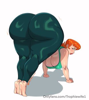 1girl ass bra breasts dexter&#039;s_laboratory english_text green_bra green_pants highres huge_ass jtt_artz large_breasts looking_at_viewer looking_back mom_(dexter&#039;s_laboratory) orange_hair pants red_lips short_hair simple_background soles solo tiptoes underboob underwear watermark web_address white_background workout_clothes