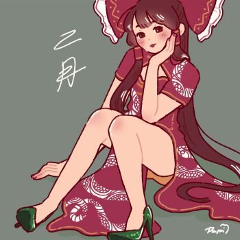 Rule 34 | 1girl, alternate costume, arm support, black shoes, bow, brown hair, china dress, chinese clothes, commentary, dress, frilled bow, frills, grey background, hair bow, hair tubes, hakurei reimu, highres, long hwit, looking at viewer, papi apricot, red bow, red dress, shoes, side slit, signature, sitting, snake print, solo, thighhighs, touhou, translated