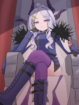 1girl ahoge armband asatsuyoidesu black_coat black_gloves black_skirt black_thighhighs blue_archive coat coat_on_shoulders commentary_request demon_girl demon_horns gloves highres hina_(blue_archive) horns long_hair looking_at_viewer purple_eyes red_armband sitting skirt solo thighhighs white_hair