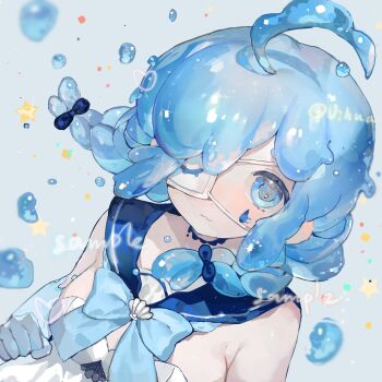 1girl :3 ahoge blue_eyes blue_hair blue_ribbon blue_sailor_collar bow braid breasts chinese_commentary closed_mouth commentary_request commission detached_collar dress eyepatch hair_bow highres medium_breasts medium_hair monster_girl neck_ribbon original ribbon sailor_collar sample_watermark seashell shell slime_(substance) slime_girl slime_hair solo star_(symbol) strapless strapless_dress teardrop_facial_mark twin_braids upper_body vihua6 watermark white_dress