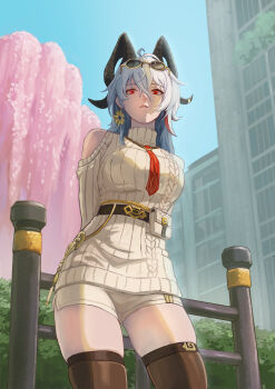 1girl absurdres ahoge black_horns black_thighhighs blue_sky breasts chucky_(chucky1000sun) clothing_cutout commentary_request cowboy_shot curled_horns day dress earrings grey_dress grey_hair grey_shorts hair_between_eyes highres horns jewelry large_breasts long_hair looking_at_viewer multicolored_hair official_alternate_costume outdoors parted_lips red_eyes shorts shoulder_cutout sky solo streaked_hair sweater sweater_dress thighhighs thighs wuthering_waves zani_(downtown_repose)_(wuthering_waves) zani_(wuthering_waves)