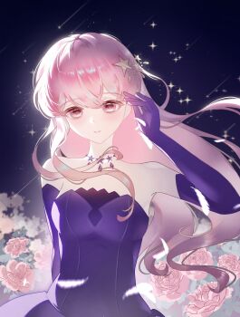 Rule 34 | 1girl, absurdres, adjusting hair, bare shoulders, beads, brown eyes, chinese commentary, closed mouth, commentary request, cowboy shot, crossed bangs, dot nose, dress, elbow gloves, feathers, field, floating hair, flower, flower field, gloves, hair beads, hair between eyes, hair ornament, hand in own hair, happy, hebo (xinjinjumin299393807253), highres, infinity nikki, jewelry, light blush, light particles, long sidelocks, looking at viewer, loose hair strand, necklace, night, nikki (nikki), nikki (series), outdoors, pink flower, pink rose, purple dress, purple gloves, rose, shooting star, sidelocks, sky, smile, solo, sparkle, star (sky), star (symbol), star hair ornament, star necklace, star sea (nikki), starry sky, strapless, strapless dress, wavy hair, wind