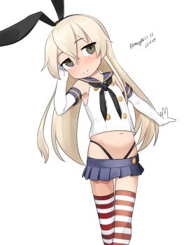 1girl absurdres black_hairband black_neckerchief black_panties blonde_hair blue_sailor_collar blue_skirt crop_top elbow_gloves feet_out_of_frame gloves grey_eyes hairband highleg highleg_panties highres kantai_collection long_hair maru_(marg0613) microskirt miniskirt neckerchief panties pleated_skirt sailor_collar shimakaze_(kancolle) shirt simple_background skirt sleeveless sleeveless_shirt smile solo striped_clothes striped_thighhighs thigh_gap thighhighs underwear white_background white_gloves
