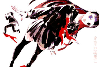 1boy 1girl :d black_eyes black_hair black_serafuku black_thighhighs blunt_bangs colored_inner_hair dutch_angle hat hood hood_down jacket limited_palette long_hair long_sleeves mohikan5 multicolored_hair neckerchief open_clothes open_jacket open_mouth original pleated_skirt red_hair red_neckerchief red_theme running school_uniform serafuku skirt smile thighhighs wide-eyed