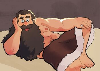 1boy :p bara beard belly derivative_work dplaoag dungeon_meshi dwarf elbow_rest facial_hair fat fat_man foot_out_of_frame highres knee_up long_beard looking_at_viewer lying male_focus mustache navel nipples on_side pectorals screenshot_redraw senshi_(dungeon_meshi) solo sparse_navel_hair thick_mustache tongue tongue_out topless_male very_long_beard