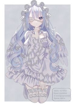 Rule 34 | 1girl, absurdres, angel, angel wings, bonnet, breasts, commentary, dress, expressionless, eyepatch, full body, grey hair, hairband, hand on own chin, heart, heart eyepatch, highres, kneeling, lace, lace-trimmed thighhighs, lace trim, long hair, looking at viewer, original, paruno, purple eyes, small breasts, solo, thighhighs, untranslatable commentary, wavy hair, wing ribbon, wings