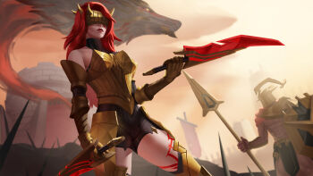 Rule 34 | 1boy, 1girl, absurdres, armor, armored legwear, battlefield, castle, chosen of the wolf katarina, commentary, covered eyes, dragon, dual wielding, english commentary, fantasy, gauntlets, gold armor, highres, holding, holding polearm, holding sword, holding weapon, katarina (league of legends), league of legends, leg tattoo, littleduck307, polearm, red hair, red lips, scar, scar across eye, scar on face, sword, tattoo, weapon