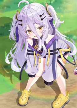 1girl artexyan black_bra blush bra breasts cleavage_cutout clothing_cutout crocs dress grass grey_jacket hair_between_eyes hair_ornament hair_ribbon hairpin henya_the_genius henya_the_genius_(1st_costume) jacket light_rays long_bangs looking_at_viewer open_mouth purple_dress purple_ribbon ribbon shoes sleeveless sleeveless_dress sleeves_past_fingers sleeves_past_wrists small_breasts solo two_side_up underwear virtual_youtuber vshojo yellow_eyes yellow_shoes