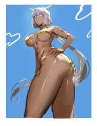 Rule 34 | 1girl, abs, ass, bikini, blue background, blue eyes, body markings, border, breasts, caenis (fate), dark-skinned female, dark skin, fate/grand order, fate (series), from side, gold bikini, golden week, hair between eyes, hair intakes, hand on own hip, highres, kasei yukimitsu, large breasts, long hair, looking at viewer, solo, swimsuit, thick thighs, thighs, toned female, twisted torso, underboob, very long hair, white border, white hair