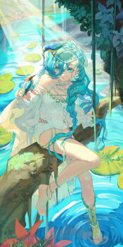 1girl 37_(down_in_the_grotto)_(reverse:1999) 37_(reverse:1999) :o absurdres animal animal_on_head anklet arm_support artist_name bare_legs bare_shoulders barefoot bird bird_on_hand bird_on_head blue_eyes blue_hair cape clothing_cutout dated detached_sleeves flower full_body hair_ornament hair_over_shoulder hand_up highres hip_vent jewelry lily_pad long_hair looking_at_animal looking_to_the_side mmtang on_branch on_head one-piece_swimsuit plant red_flower reverse:1999 ripples signature sitting sitting_on_branch soaking_feet solo sunlight swimsuit very_long_hair vines water white_cape white_one-piece_swimsuit white_sleeves