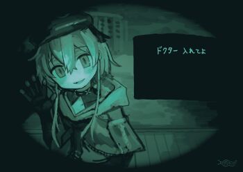 1boy absurdres androgynous arknights beret black_gloves collarbone crossed_bangs dido_(di_do_di_do) fisheye gloves green_theme grin hat hat_ribbon highres hood hood_down infection_monitor_(arknights) light_blush looking_at_viewer male_focus mizuki_(arknights) monochrome neckerchief no_i&#039;m_not_a_human ribbon smile solo translation_request waving