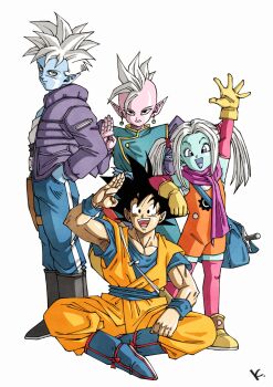 1girl 3boys black_hair blue_boots blue_pants blue_sash blue_shirt blue_skin bodysuit boots colored_skin dougi dragon_ball dragon_ball_daima earrings full_body glorio_(dragon_ball) group_picture hand_in_pocket highres jacket jewelry kakeru_(dbskakeru) medium_hair mohawk multiple_boys orange_bodysuit orange_pants orange_tunic pansy_(dragon_ball_daima) pants pointy_ears potara_earrings purple_jacket purple_skin ruyi_jingu_bang sash shin_(dragon_ball) shirt short_hair simple_background son_goku spiked_hair tunic twintails waving white_background white_hair