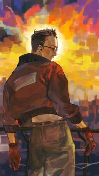 1boy black_hair bomber_jacket cigarette contrapposto cowboy_shot disco_elysium from_behind glasses gloves hair_slicked_back hashtag-only_commentary highres holding holding_cigarette jacket kim_kitsuragi kozmoraven1610 male_focus midriff orange_gloves outdoors railing sideburns smoke smoke_trail solo sunset