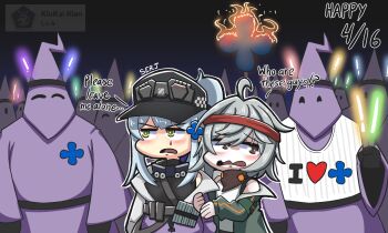 2girls ahoge artist_name bandana baseball_cap black_shirt brown_bandana brown_eyes burning capirote cross dated english_text facial_tattoo g11_(girls'_frontline) girls'_frontline girls'_frontline_2:_exilium glowstick green_eyes green_jacket grey_hair hat headband hk416_(girls'_frontline) holding holding_glowstick jacket klukai_(girls'_frontline_2) ku_klux_klan long_hair mechty_(girls'_frontline_2) medium_hair multiple_girls multiple_others off_shoulder open_clothes open_jacket open_mouth ponytail purple_jacket red_headband serjatronic shirt sleeveless sleeveless_shirt sleeveless_turtleneck tattoo teardrop_tattoo turtleneck upper_body white_shirt