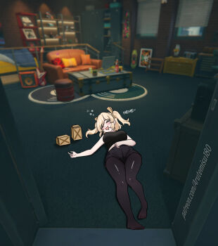 1girl absurdres arutemisu180 black_pantyhose black_shirt black_shorts blonde_hair blurry blurry_background bottle box burnice_white canister closed_eyes commentary couch crop_top curtains doorway electric_guitar english_commentary figure full_body game_screenshot_background guitar hand_on_own_stomach highres indoors instrument lying on_back on_floor open_mouth pantyhose patreon_username pillow screenshot_background shelf shirt short_twintails shorts solo speaker squeans suitcase twintails window zenless_zone_zero