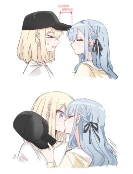 &gt;_&lt; 2girls at_09098 bang_dream! bang_dream!_it&#039;s_mygo!!!!! baseball_cap black_hat black_ribbon blonde_hair blue_hair blush closed_eyes commentary hair_ribbon hat highres holding holding_unworn_clothes holding_unworn_hat kiss korean_commentary long_hair medium_hair misumi_uika multiple_girls open_mouth ribbon sidelocks sweatdrop togawa_sakiko unworn_hat unworn_headwear yuri