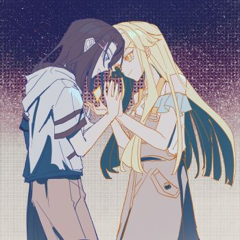 Rule 34 | &gt;:), 2girls, :d, bang dream!, black hair, blonde hair, blue eyes, blunt ends, brown pants, closed mouth, commentary, couple, cowboy shot, dotted background, face-to-face, forehead-to-forehead, from side, grey overalls, hair ornament, hairclip, heads together, high contrast, highres, hood, hood down, hoodie, in palm, kira reader, long hair, long sidelocks, medium hair, multiple girls, off-shoulder shirt, off shoulder, okusawa misaki, open mouth, overalls, palms together, pants, pocket, profile, shirt, short sleeves, sidelocks, smile, standing, suspenders, tsurumaki kokoro, v-shaped eyebrows, very long hair, white hoodie, white shirt, yellow eyes, yuri