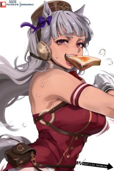 1girl animal_ears armband bare_shoulders blunt_bangs bow bread bread_slice breasts brown_hat dress ear_bow ear_covers ear_ribbon eating food food_in_mouth gloves gold_ship_(red_strife)_(umamusume) gold_ship_(umamusume) grey_hair hat highres horse_ears horse_girl horse_tail lady_shin large_breasts long_hair looking_at_viewer mouth_hold open_mouth pillbox_hat purple_bow purple_eyes red_armband red_dress running simple_background sleeveless sleeveless_dress smile solo sweat sweatdrop tail teeth toast toast_in_mouth umamusume upper_body white_background white_gloves
