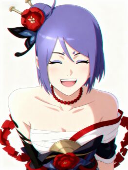 1girl angel bare_shoulders breasts collarbone dress hair_between_eyes hair_ornament highres konan_(naruto) looking_at_viewer naruto_(classic) naruto_(series) naruto_shippuuden ninja open_mouth purple_hair short_hair simple_background smile solo white_sugar_(user_fhsv4847)