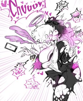 Rule 34 | 2girls, angel, angel of kiss (oligogi meoggosipda), angel wings, bimbofication, breast expansion, breasts, english text, halo, highres, kiss, multiple girls, oligogi meoggosipda, panties, pants, pink halo, transformation, underwear, white background, wings, yuri