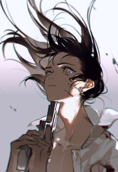 1boy akai_999 black_hair blood blood_on_clothes blood_on_face blurry collarbone debris depth_of_field earrings finger_on_trigger floating_hair grey_eyes grey_hair gun gun_to_head handgun highres holding holding_gun holding_weapon imminent_suicide jewelry long_hair looking_at_viewer male_focus original own_hands_together portrait shirt solo suicide sweat weapon white_shirt wind
